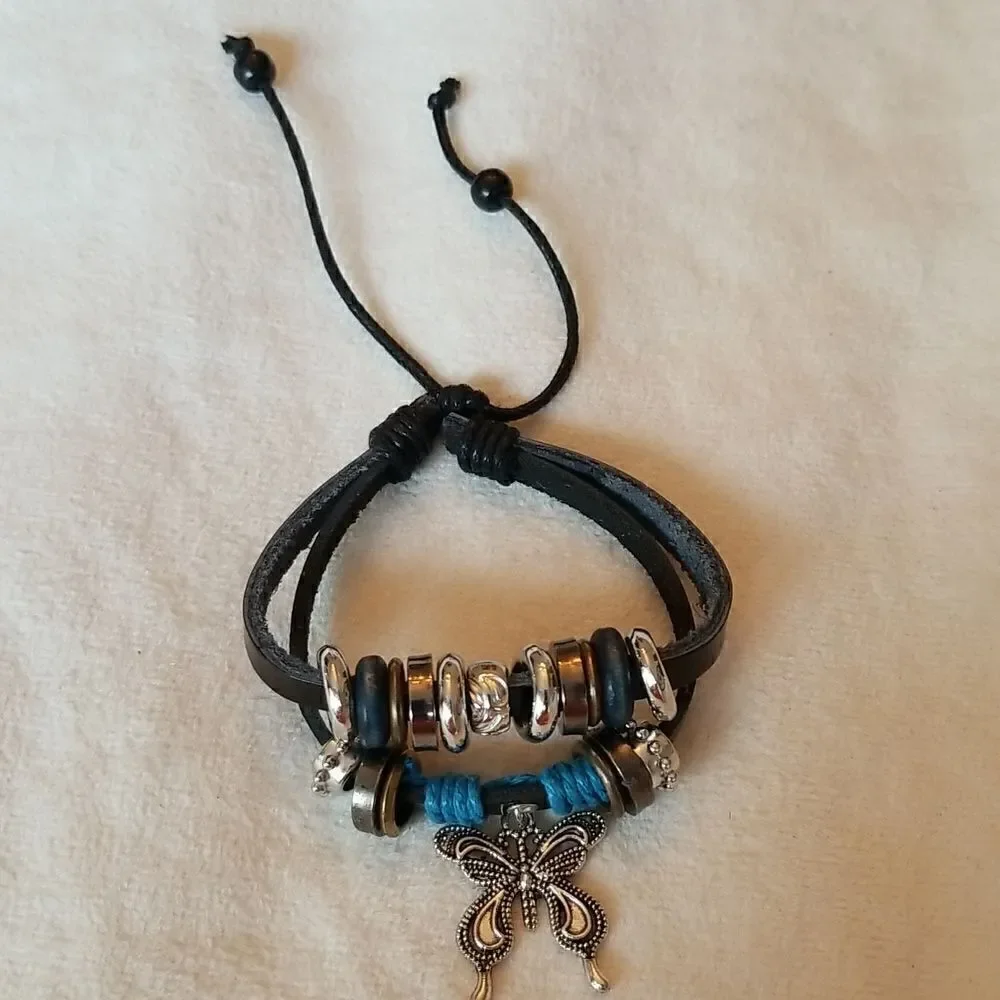 Leather bracelet adjustable butterfly